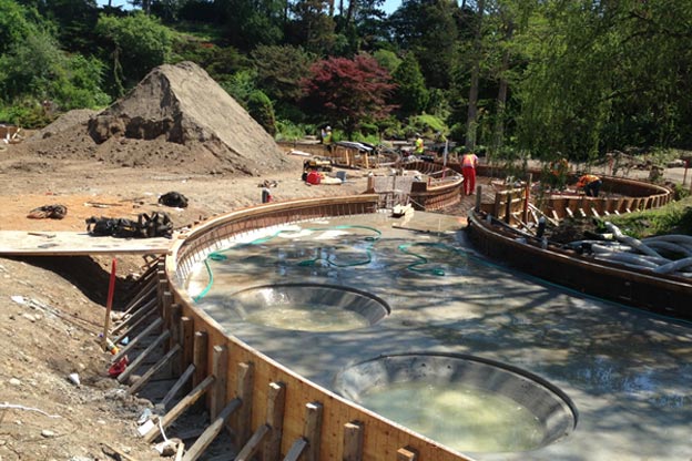 Royal Botanic Gardens - The reinforced concrete pool basin was cast prior to shotcrete placement. Slab and wall areas were wet cured